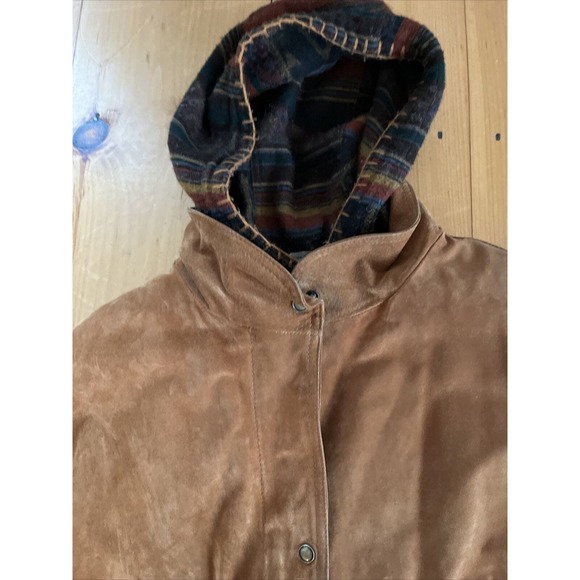 BT Ltd Jacket Mens Large Suede + Aztec Southwest Hood Lined Car Coat Vintage - Picture 6 of 16